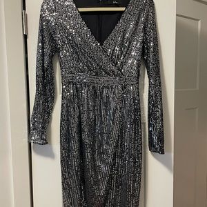 Lulu’s Magnificent Evening Silver Sequin Long Sleeve Faux Wrap Dress